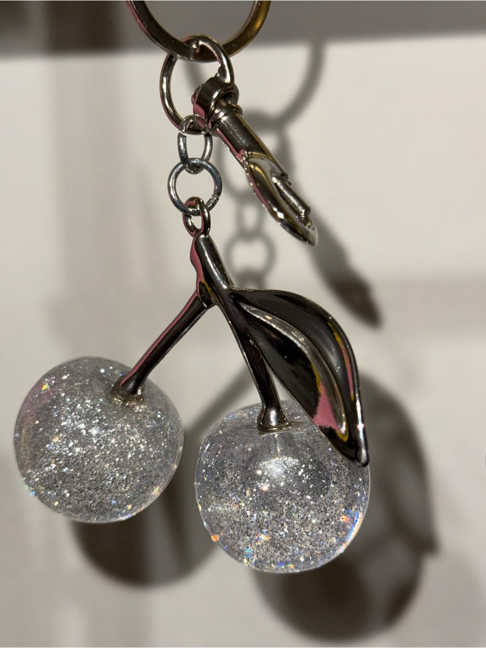 Silver Cherry Pendant Keychain with Sparkling Clear Orbs